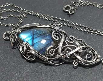 Blue Labradorite 925 Sterling Silver Pendant, wirewrapped, oxidized, handcrafted artisan jewelry, Art Nouveau fantasy, elvish, magical queen