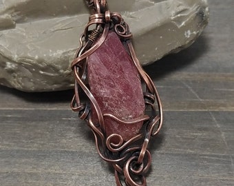 Burgundy Red Tourmaline Pendant, solid copper, handmade, wirewrapped, jam pink magenta, genuine natural gemstone, art nouveau style.