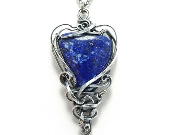 Lapis Lazuli and Dark Sterling Silver Pendant, wirewrapped