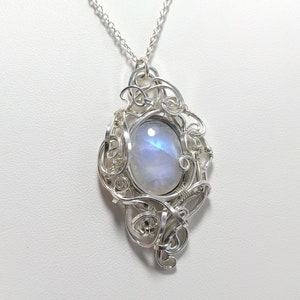 Rainbow Moonstone Pendant, 925 sterling silver solid wire, chain, handmade fantasy pendant, magic, wirewrapped artisan jewelry, handcrafted. image 4