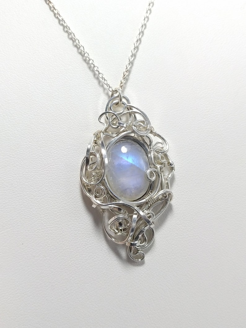 Rainbow Moonstone Pendant, 925 sterling silver solid wire, chain, handmade fantasy pendant, magic, wirewrapped artisan jewelry, handcrafted. image 4