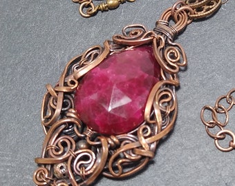 Deep Red Ruby Pendant, solid copper wire, handmade wirewrapped, fantasy cosplay, fairy goddess, elves elvish, dark red gemstone, art nouveau