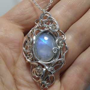 Rainbow Moonstone Pendant, 925 sterling silver solid wire, chain, handmade fantasy pendant, magic, wirewrapped artisan jewelry, handcrafted. image 7