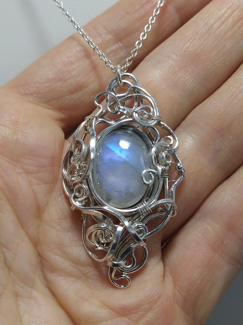 Rainbow Moonstone Pendant, 925 sterling silver solid wire, chain, handmade fantasy pendant, magic, wirewrapped artisan jewelry, handcrafted. image 7