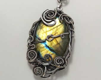 Large Multicolor and Yellow Labradorite cabochon and Sterling Silver Pendant, wirewrapped, 925 sliver chain, handcrafted artisan jewelry