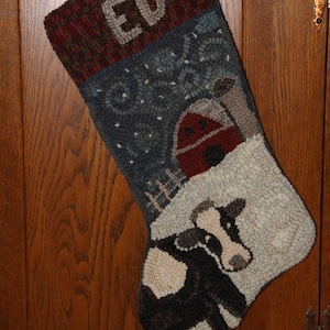 COW and BARN Rug Hooked Stocking PATTERN on Linen, Rug Hooking ...