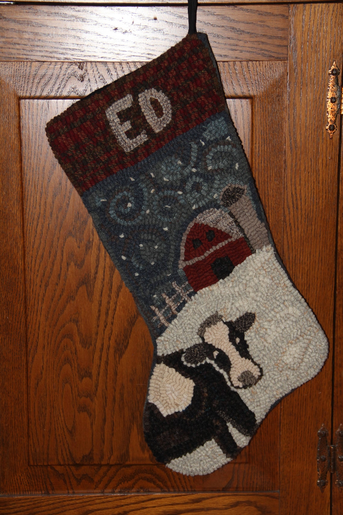 COW and BARN Rug Hooked Stocking PATTERN on Linen, Rug Hooking ...