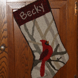 CARDINAL in Tree Branches Stocking Rug Hooking PATTERN on linen, Rug hooked, Christmas Stocking Pattern