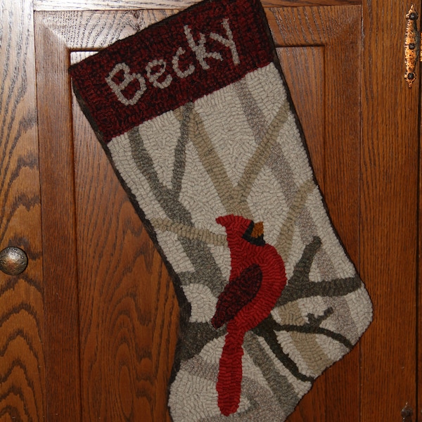 CARDINAL in TREE BRANCHES Stocking Rug Hooking Pattern on linen, Rug hooked, Christmas Stocking Pattern