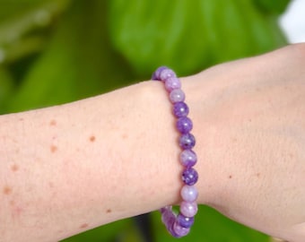 Pulsera de cristal de lepidolita, pulsera calmante morada, joyería de cuentas de 6 mm