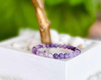 Pulsera de cristal de lepidolita, joyería morada relajante, pulsera apilable de 6 mm