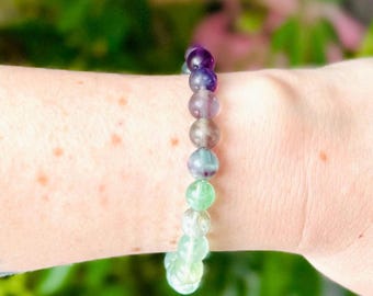 Ombre Rainbow Fluorite Crystal Bracelet, Stretchy Beaded Bracelet 8mm