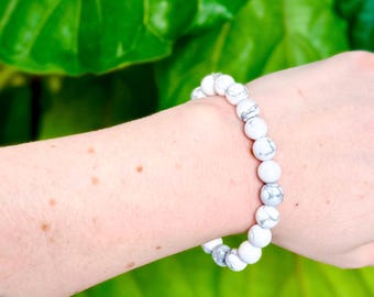8mm Howlite Crystal Bracelet, Calming White Beaded Jewelry