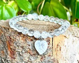 Bracelet quartz craquelé avec pendentif coeur, cristal 6 mm, bijoux bohèmes