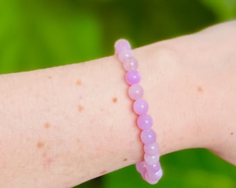 Kunzite Crystal Bracelet, Pink Heart Chakra Healing, 6mm Beaded Stretchy Bracelet