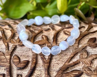 Raw Blue Chalcedony Nugget Bracelet, Stretchy Gemstone Jewelry