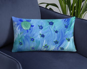 Swimming Sea Turtle Pillow for beach house nautical nursery cottage decor turquoise