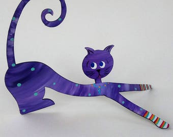 Cat in socks hand painted steel sculpture - DOWNWARD CAT