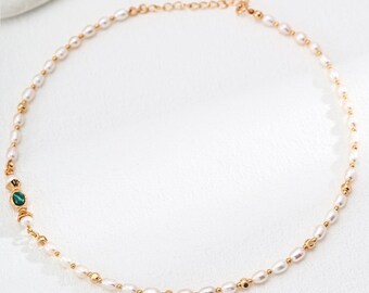 Elegance Pearl Malachite Necklace • Vintage Gold Color • Sterling Silver • Natural Fresh Water Pearl Necklace • Christmas Gift for Her