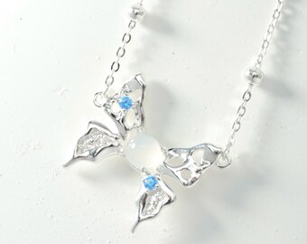 Ocean Dream Butterfly Necklace • White Jade and Blue Zircon Pendant • Elegant Silver Necklace • Stylish and Lucky•Everyday Wear•Gift for Her