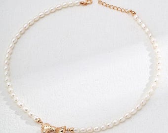 Timeless Elegance Pearl Bow Necklace • Vintage Gold and Platinum Color • Sterling Silver • Natural Fresh Water Pearl Necklace • Gift for Her