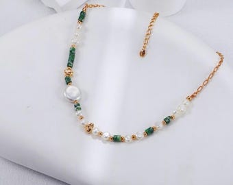 Vintage Gold Tiger's Eye and Pearl Necklace • Green Spot Stone and Pearl Necklace • Sterling Silver • Gold Plating • Everyday Accessory