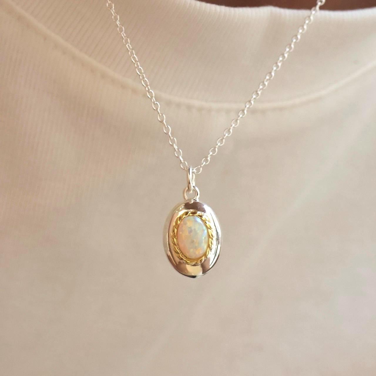 Dainty Vintage Opal Necklace • Oval White Opal Pendant • Gold Plated Pendant Necklace • Everyday Accessory • Gift for Her • T&J Jewellery