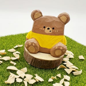 Hand-Carved Wooden Bear Figurine: Yellow Sweater, Limited Edition