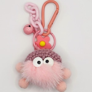 Pink Fluffy Soot Sprite Keychain: Kawaii Plush Bag Charm with Flower & Bell