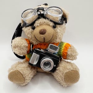 May include: A brown teddy bear wearing goggles and holding a small black camera with a silver lens. The camera has the text "ZHAOXINQI 1:3.5 14-42mm OPTICALS" printed on it.