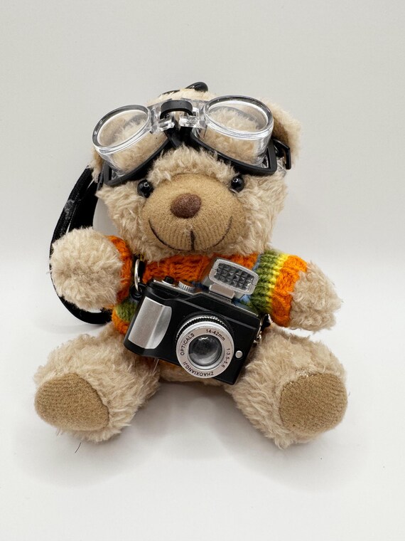 Photographer Teddy Bear Keychain: Plush Toy with Camera, Goggles & Knit Sweater