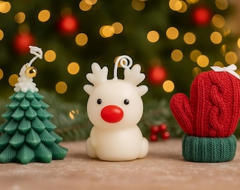 Handgemaakte kerstkaarsenset | Kaarsen met rendieren, bomen en wanten | Feestelijk geurend vakantiedecor