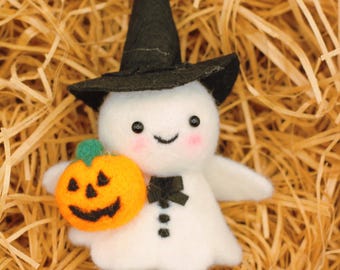 Handmade Wool Felted Ghost with Pumpkin: Halloween Decor