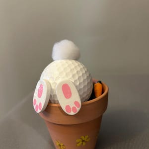 May include: A white golf ball with pink bunny ears and a white fluffy tail is sitting in a terracotta flower pot with yellow flowers painted on the side. The pot is filled with dirt and a small orange carrot.