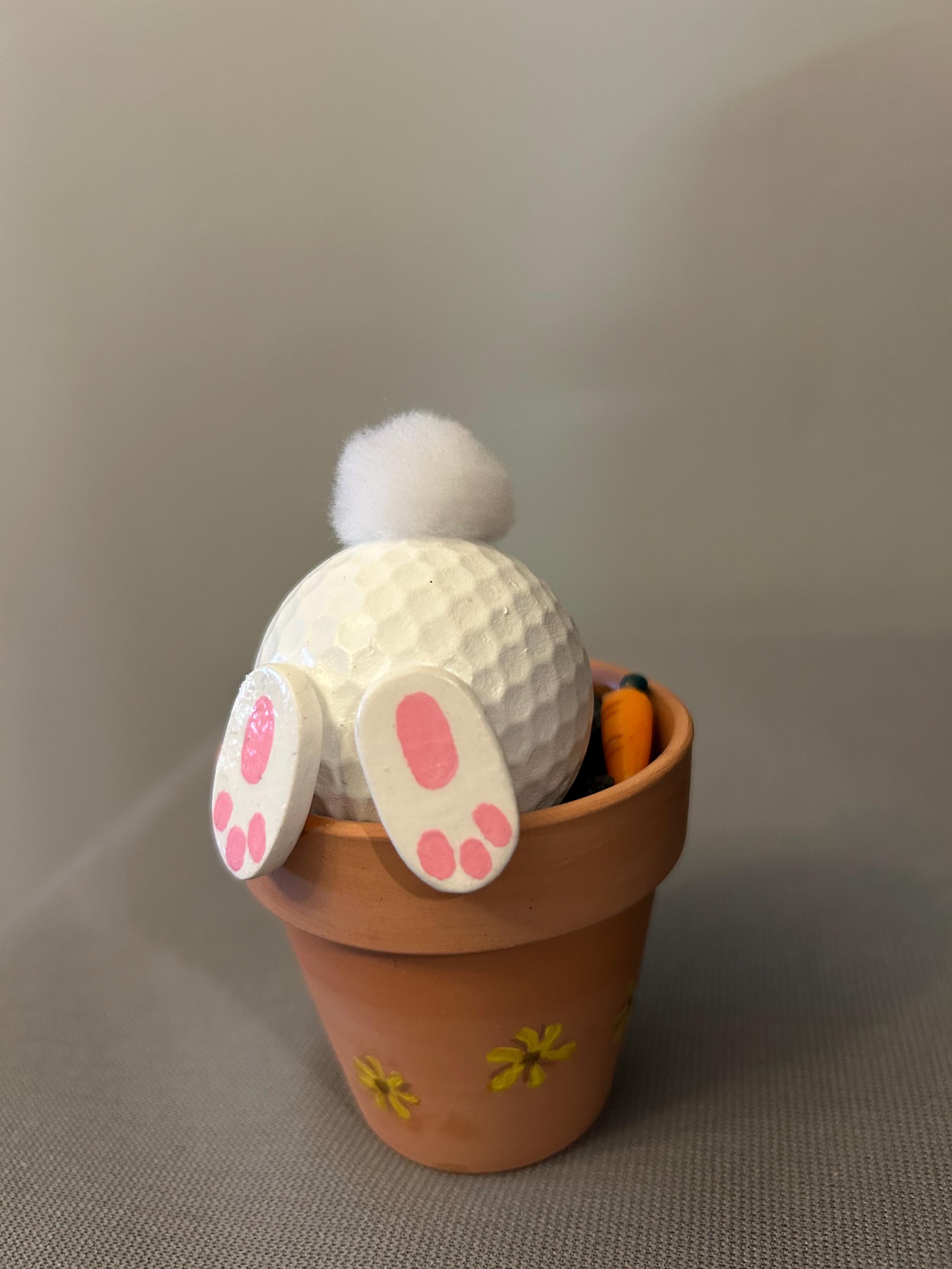 Bunny Butt in A Clay Pot Made of Recycled Golf Balls - Hand Made