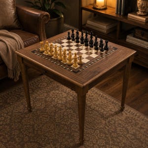 May include: A square wooden game table with four tapered legs featuring a built-in chessboard on the surface. The board is set with a full collection of light beige and black chess pieces arranged in their starting positions for a game.