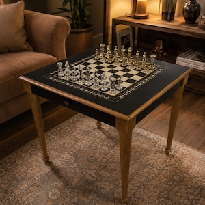 May include: A square wooden game table with four tapered legs and a black top surface featuring an inlaid chessboard. The board is set with a complete collection of metallic gold and silver chess pieces, including kings, queens, bishops, knights, rooks, and pawns.