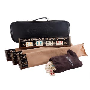 Wooden Rummikub Game Set - Mosaic Inlaid Oval Rummy Cube with Natural Black Veneer Board Game Gift