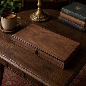 May include: A rectangular wooden storage box with a dark brown finish and visible wood grain. The box features a metal latch on the front edge and a small circular metal emblem on the side. The lid is flat and smooth, showcasing the natural wood texture.