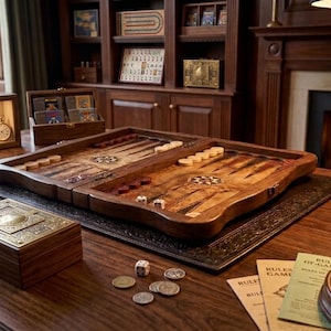 Op de afbeelding: Een houten backgammonbord met witte en rode speelstukken ligt op een donkere ondergrond. Dobbelstenen en munten liggen in de buurt verspreid. Een kleine houten kist met een messing ontwerp staat op de voorgrond. Een brandende open haard en een vitrine met beeldjes zijn op de achtergrond.