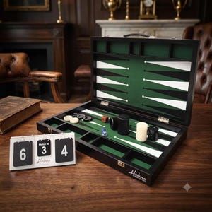 Op de afbeelding: Een backgammonspel van zwart hout met een groen vilt interieur met witte en zwarte driehoekige punten. De set bevat zwarte en witte schijven, dobbelstenen en een witte scorebord met de cijfers 6, 3 en 4 en de tekst Helena.