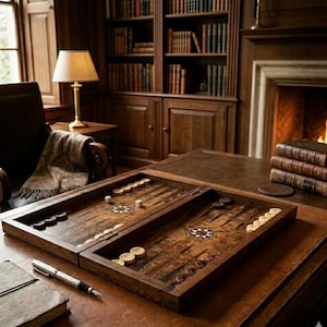 May include: A wooden backgammon board with inlaid design, dice, and game pieces sits on a leather-topped table. A pen and notebook are in the foreground. The background features a fireplace, bookshelves, and a reading chair.