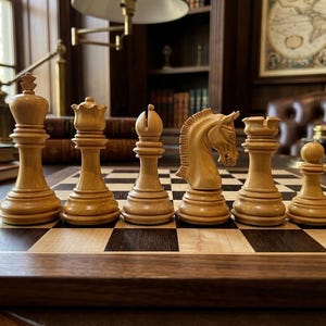 May include: A wooden chess set with pieces arranged on a checkered board. The pieces include a king, queen, bishop, knight, rook, and pawn. The chess board is made of dark and light wood.