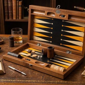 May include: A wooden backgammon set with black, yellow, and white triangles. The set is open, revealing the playing surface and game pieces. A glass of amber liquid, a book, and a pen are nearby.