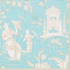Blauwe zijden Toile-servetten - cocktailformaat - set van 3 - chinoiserie-decoupage papieren servetten - knutseldoekje - eierblauw roodborstje