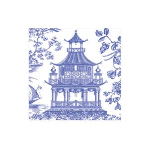 Chinoiserie Toile Pagoda Servietten - Cocktail Größe - 3er Set - Chinoiserie Decoupage Papierservietten - Bastelgewebe - Blaue und weiße Servietten