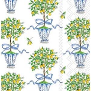 Topiary servetten - gastendoekmaat - set van 3 - servetten decoupagepapier - knutselpapier - chinoiserie bloemen citroen vormsnoeihout met strikken