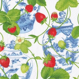 Chinoiserie papieren servetten aardbei - cocktailformaat - set van 3 - papieren servetten decoupage chinoiserie - knutseldoekjes - gemberpotjes