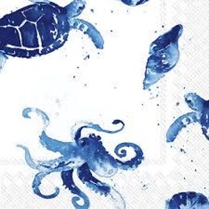 Blue and White Under the Sea napkins - cocktail size - set of 3 - coastal decoupage paper napkins - crafting tissue - seashells