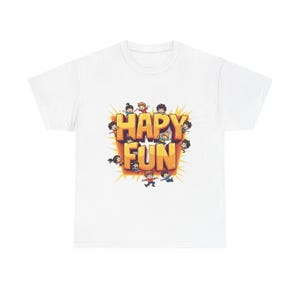 Cartoon Characters Chaos Unisex Tee, Fun Block Letters T-Shirt, Playful Pose Cotton Shirt, Unique Expression Top, Energetic Vibe Graphic